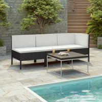 3-delige Loungeset met kussens poly rattan zwart - thumbnail