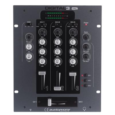Audiophony DIGITAL-3 compact DJ mixer 3 kanalen met USB Audiophony DIGITAL-3 compact DJ mixer 3 kanalen met USB