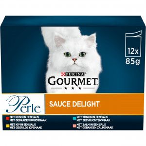 Gourmet Perle Sauce Delight met rund/kip/tonijn/zalm nat kattenvoer 85g zakje 12 x 85 g