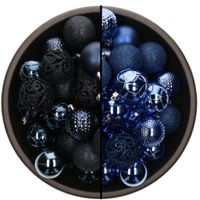 74x stuks kunststof kerstballen mix van donkerblauw en kobalt blauw 6 cm - thumbnail