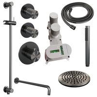 Regendoucheset Inbouw Brauer Gunmetal Carving Thermostatisch 20 cm met Gebogen Wandarm, Glijstang en Handdouche Staaf Losse Stopkranen Geborsteld