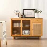 Mid-Eeuws Modern Bamboe Buffet met Verschuifbare Deuren van Gehard Glas Rotan Kast en Lade Boheems Koffiebarmeubilair Natuurlijke - thumbnail