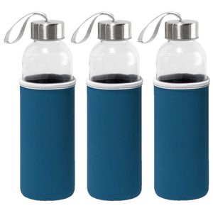 6x Stuks glazen waterfles/drinkfles met blauwe softshell bescherm hoes 520 ml