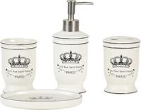 Clayre & Eef Badkamerset (set v 4) Kroon 15*10*2 cm/7*6*19 cm/7*6*11 cm/7*6*11 cm Beige Keramiek Paris Ovaal Badkamer Accessoires Set Badkameraccessoires Set Badkamer Accessoires Set Badkameraccessoires Set