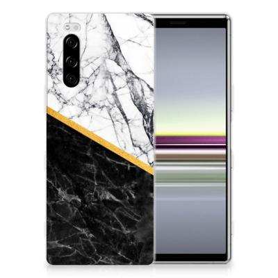 Sony Xperia 5 TPU Siliconen Hoesje Marmer Wit Zwart - Origineel Cadeau Man