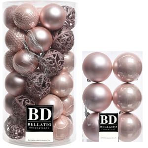 43x stuks kunststof kerstballen lichtroze (blush pink) 6 en 8 cm glans/mat/glitter mix