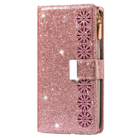 iPhone 16 Pro Max hoesje - Bookcase - Koord - Pasjeshouder - Portemonnee - Glitter - Bloemenpatroon - Kunstleer - Rose Goud