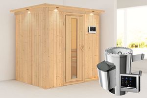 Karibu | Fanja Sauna met Dakkraag | Energiesparende Deur | Kachel 3,6 kW Externe Bediening