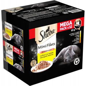 Sheba Mini Filets Gevogelte Selectie in saus megapack natvoer kat (kuipjes 85 g) 1 verpakking (32 x 85 g)