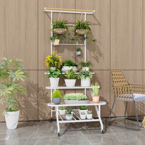 Hangende Plantstandaard met 4 Ladderniveaus Metalen Ingelijst Plantenrek met Wielen Hangende Bar voor Woonkamer Balkon Patio