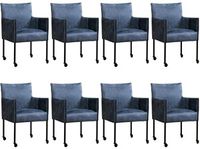 Set van 8 Blauwe leren moderne kuipstoel More - poot rond zwart met wiel - Kenia Leer Denim (blauw leer) - thumbnail