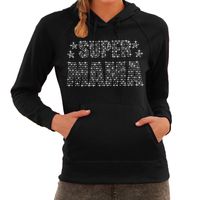 Glitter Super Mama hoodie zwart Moederdag cadeau rhinestones steentjes voor dames 2XL  -