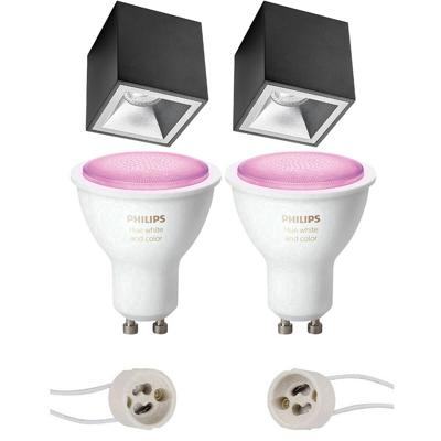 Pragmi Cliron Pro - Opbouw Vierkant - Mat Zwart/zilver - Verdiept - 90mm - Philips Hue - Opbouwspot Set Gu10 - White And