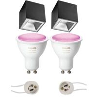 Pragmi Cliron Pro - Opbouw Vierkant - Mat Zwart/zilver - Verdiept - 90mm - Philips Hue - Opbouwspot Set Gu10 - White And