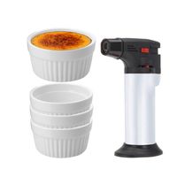 5-Delige creme brulee set met witte schaaltjes en een zilveren brander