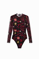 Aangerimpelde tulen body met bloemen - BLACK - XL