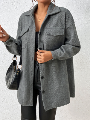 Geometric Casual Striped Flap Pocket Drop Shoulder Tweed Overcoat