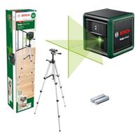 Bosch kruislijnlaser Quigo green met statief (groene laser voor betere zichtbaarheid, behuizing gemaakt van gerecyclede kunststof, in kartonnen doos)