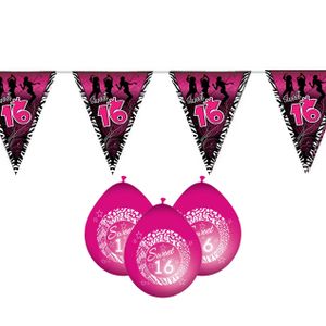 Sweet 16/Sixteen versiering pakket vlaggetjes/ballonnen roze