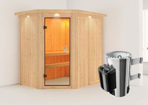 Karibu | Saja Sauna met Dakkraag | Bronzeglas Deur | Kachel 3,6 kW Geïntegreerde Bediening