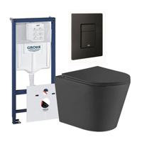 QeramiQ Dely Toiletset - Grohe inbouwreservoir - mat zwarte bedieningsplaat - rechthoek toilet - zitting - mat zwart 0729205/SW1026253/sw656727/SW1000768