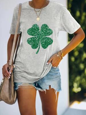 Casual Crew Neck Four-Leaf Clover T-Shirt