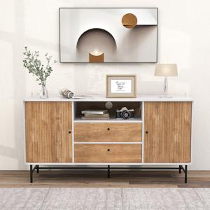 Dressoir Hout Buffetkast met Schuifdeuren en 2 Laden Buffet met Metalen Poten en Kantelbeveiliging Moderne TV-Kast 150 x 45 x 74 cm