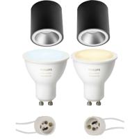 Pragmi Cliron Pro - Opbouw Rond - Mat Zwart/Zilver - Verdiept - Ø90mm - Philips Hue - Opbouwspot Set GU10 - White Ambiance - Bluetooth