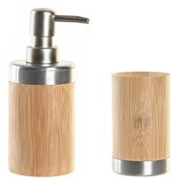 Badkamer accessoires setje drinkbeker en zeeppompje 17 cm bamboe/zilver