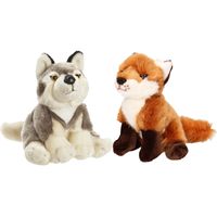 Bosdieren zachte pluche knuffels 2x stuks - Wolf en Vos van 18 cm - thumbnail