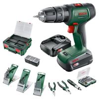 Bosch accuklopboorschroevendraaier UniversalImpact 18V (boren en schroeven in hout en metaal; klopboren in metselwerk; 46-delige accessoireset; 2x accu's 1,5Ah en 2,5Ah, en oplader; 18 Volt System)