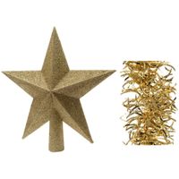 Kerstversiering kunststof glitter ster piek 19 cm en golf folieslingers pakket goud van 3x stuks - thumbnail