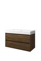 Proline polystone Loft wastafelonderkast met 2 lades en polystone wastafel met 2 kraangaten 100 x 62 x 46 cm, cabana oak / glanzend wit