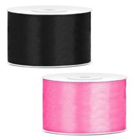 Sierlinten/cadeaulinten/satijnen linten - Set 2x stuks - zwart en roze - 38 mm x 25 meter - thumbnail