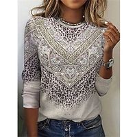 Dames T-shirt Paisley Afdrukken Dagelijks Weekend Modieus Lange mouw Ronde hals Grijs Lente Herfst Lightinthebox - thumbnail