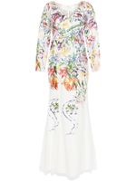 Marchesa Notte robe longue à fleurs brodées - Blanc