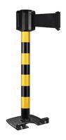 Buitenpaal zwart/geel zware basis op wielen - riem 10 m/100 mm zwart