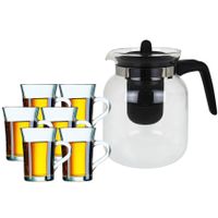 Glazen theepot met filter/infuser van 1,5 liter met 6x stuks theeglazen van 230 ml