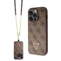 iPhone 15 Pro Guess 4G Strass Triangle Metal Logo Case with Crossbody Strap - Brown - thumbnail