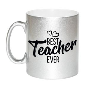 Best teacher ever mok / beker zilver met hartjes - cadeau juf / meester / leraar / lerares