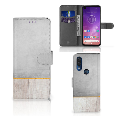 Motorola One Vision Book Style Case Wood Concrete