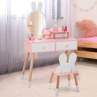 Kinderen Kaptafel en Stoelenset 2-In-1 Prinses Make-up Dressoir Bureau met Spiegel 2 Laden & Opbergplank Schattig Konijn Roze en Wit - thumbnail