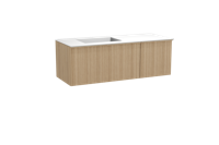 Balmani Forma zwevend badmeubel 135 x 55 cm naturel eiken met Tablo Stretto asymmetrisch linkse wastafel in solid surface mat wit, Verticale asymmetrische ronde ribbel