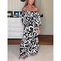 Dames Kleurenblok Afdrukken Schouderafhangend Maxi-jurk Elegant Lange mouw Zomer Herfst Lightinthebox - thumbnail