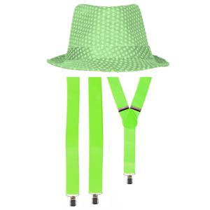 Carnaval verkleedset Partyman - glitter hoedje en bretels - fluor groen - heren - verkleedkleding