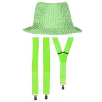 Carnaval verkleedset Partyman - glitter hoedje en bretels - fluor groen - heren - verkleedkleding - thumbnail