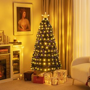 150 CM Kerstboom Kunstmatige Kerstboom met 170 PVC Takuiteinden 170 Warm Witte LED-Lampjes Verlichte Ster Lichtvezels & 8 Verlichtingsstanden