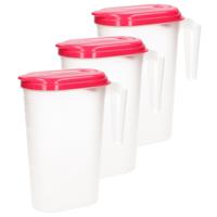 3x stuks waterkan/sapkan transparant/fuschia roze met deksel 1.6 liter kunststof