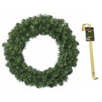 Groene kerstkrans / dennenkrans 60 cm met 200 takken kerstversiering en met gouden hanger - thumbnail