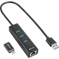 Sharkoon 3-Port USB 3.2 GEN 1 Aluminium Hub, RJ45 Ethernet-adapter, zwart